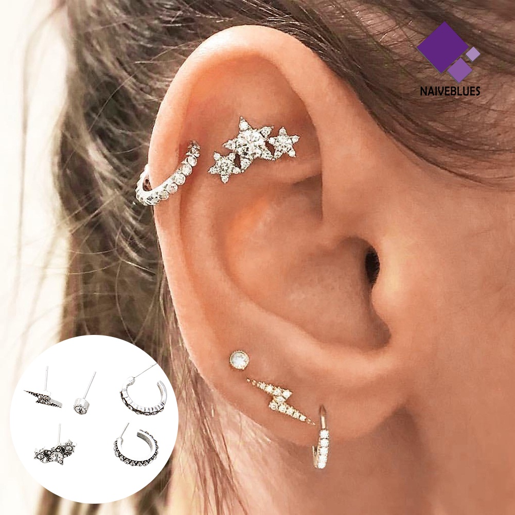 Naiveblue 5pcs / Set Anting Tusuk Bentuk Bintang Aksen Berlian Imitasi Untuk Perhiasan Wanita