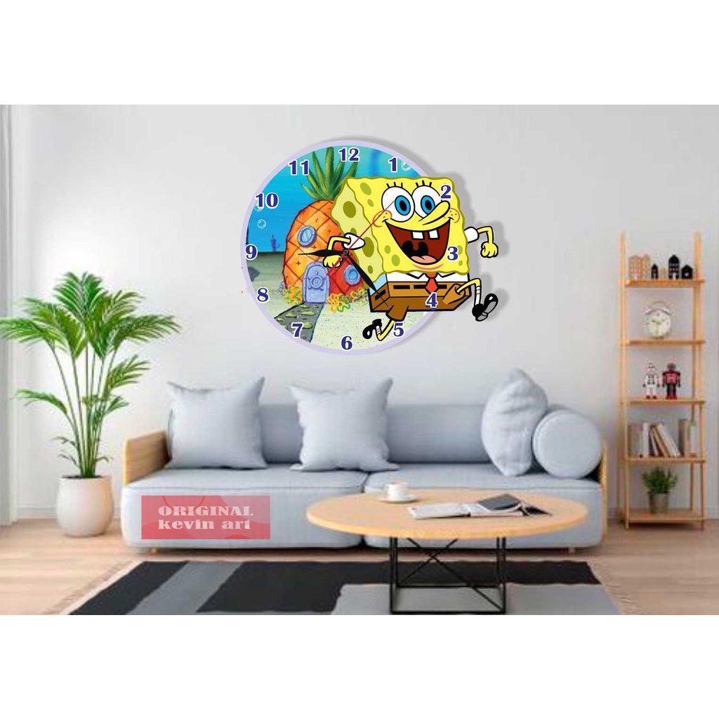 JAM DINDING KAYU UNIK BESAR KARAKTER GAMBAR SPONGEBOB MURAH