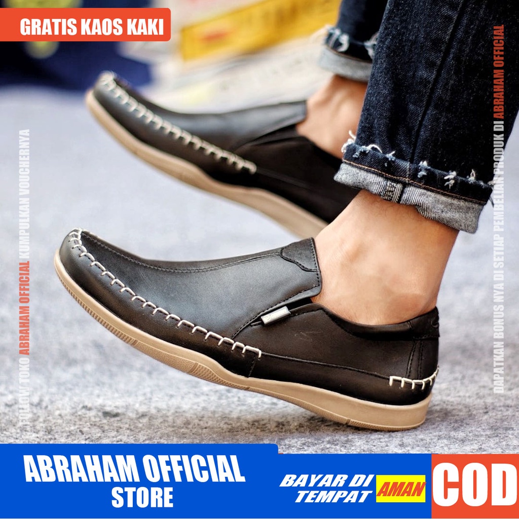 ABRHM X DIVOC Sepatu Slip On Pria Sepatu Casual Kerja Pria Sepatu Pria Cowok/Cowo Kulit Asli Sepatu Kasual Slop Anti Slip Semi Formal Kerja Kuliah Gaya Santai Keren Kekinian Original Murah Terlaris