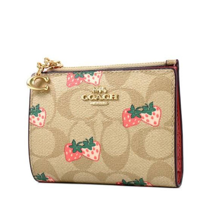 Coach Small Wallet In Signature Canvas Strawberry Khaki