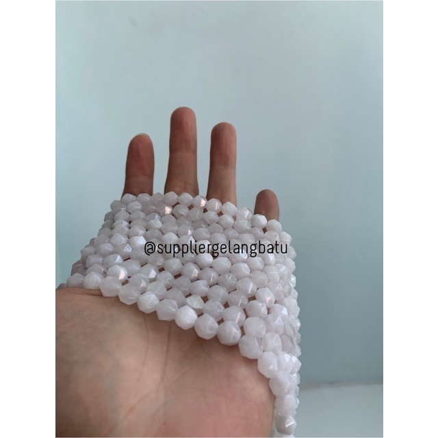 batu faceted hexagon Stone 8mm white agate putih aksesoris bahan akik