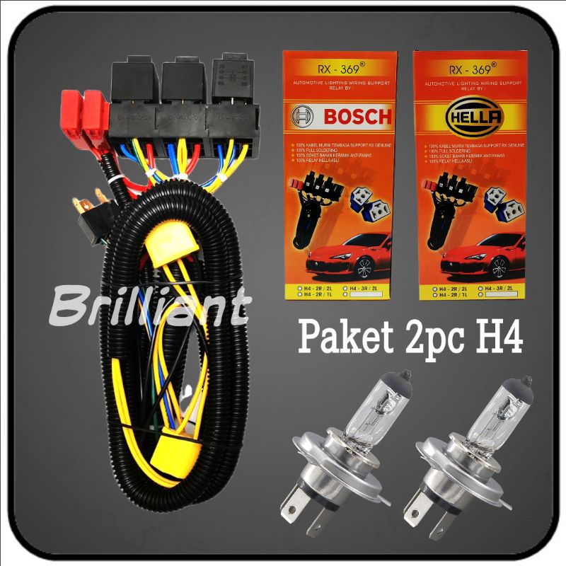 Kabel Set Relay Lampu Mobil - Universal H4 - Bisa Paket + Bohlam H4 2pc Original