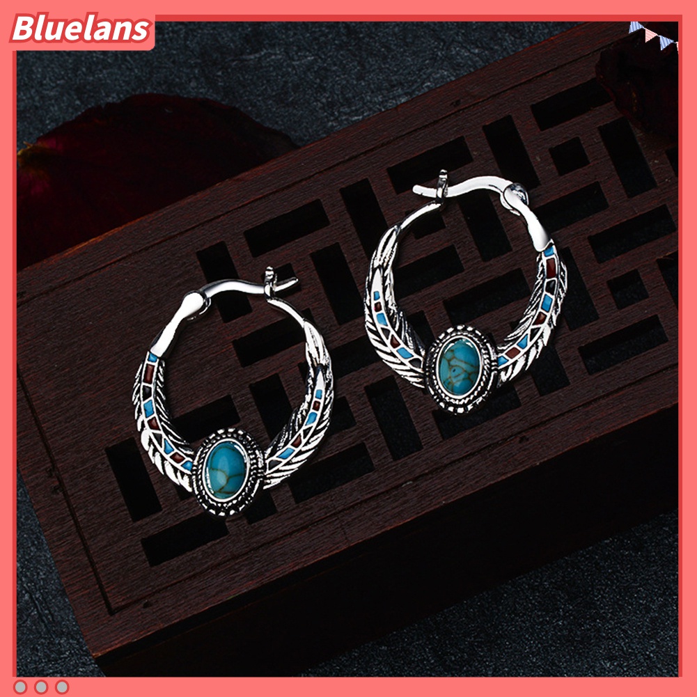 Anting Hoop Juntai Bentuk Bulu Aksen Turquoise Tiruan Gaya Vintage Untuk Wanita