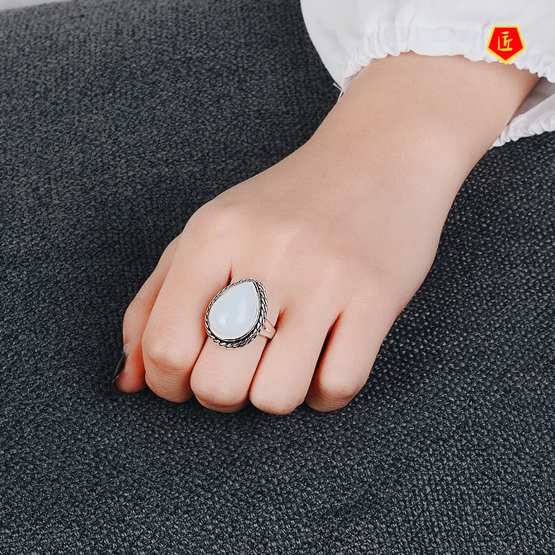 [Ready Stock]Temperament Drop-Shaped Moonstone Ring Exaggerated Punk Style