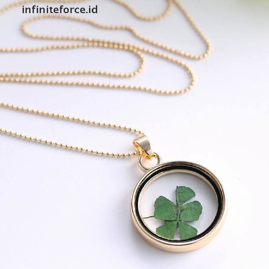 Kalung Liontin Bunga Clover Kering Alami Bahan Resin