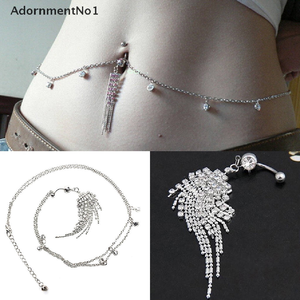 (AdornmentNo1) Anting Tindik Perut / Pusar 14G Aksen Rumbai Kristal + Rantai Pinggang Untuk Wanita