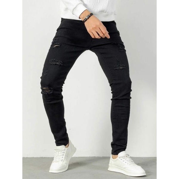 CELANA JEANS PRIA SOBEK RIPPED ROBEK SLIMFIT PENSIL STRETCH HITAM PREMIUM 27-38