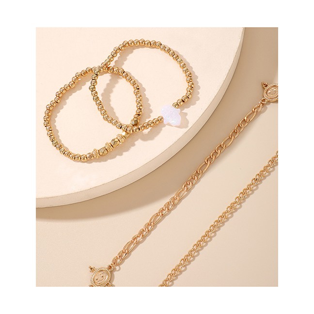 LRC Gelang Tangan Fashion Gold Color Imitation Pearl Palm Chain Alloy Multilayer Bracelet P14801