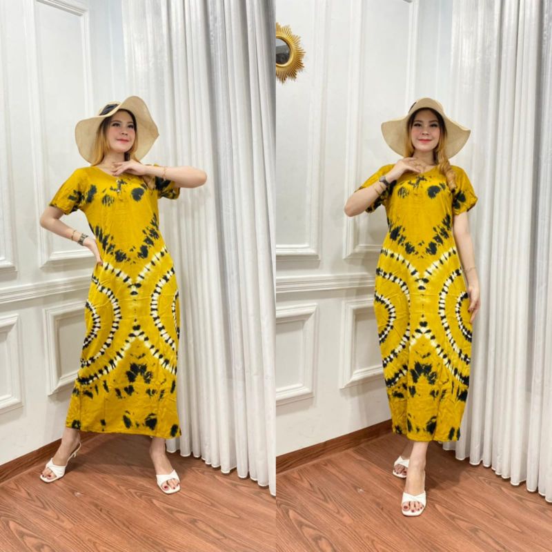 Daster panjang galaran kancing depan busui tali samping motif viral tiedye shibori-SK Cimori Kunyit