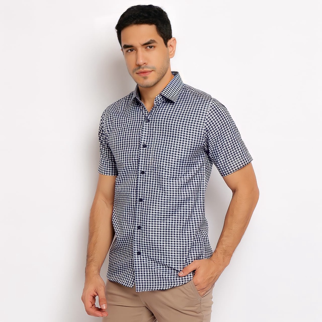 kemeja pria lengan pendek motif kotak kotak slimfit kekinian hem pria lengan pendek