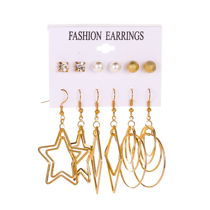 Set Anting Stud Panjang Double Layer Bentuk Bintang Geometris Aksen Mutiara Frosted Bahan Metal