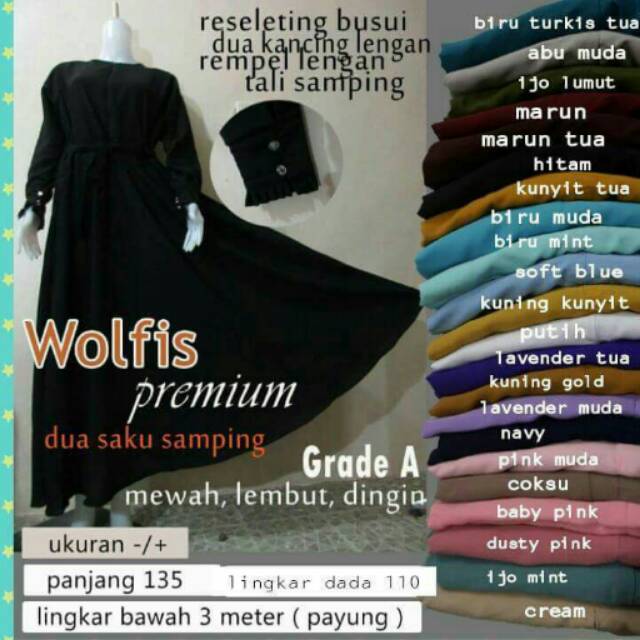 Gamis Wolfis Grade A / Gamis Dengan 2 Saku / Gamis Lengan Kancing / Kulakan Grosir / Nyaman Dipakai