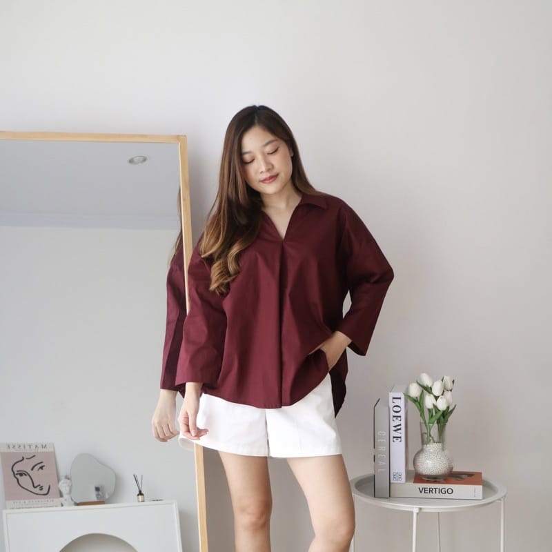 BEFAST - ZEC OOTD Wanita Blouse AIZURA / Vincci Oversize Blouse / Blouse Wanita / Atasan Blouse Perempuan / Blouse Leher V / Atasan Lengan Panjang / Terlaris / Termurah / Blouse Polos Casual / Blouse Formal