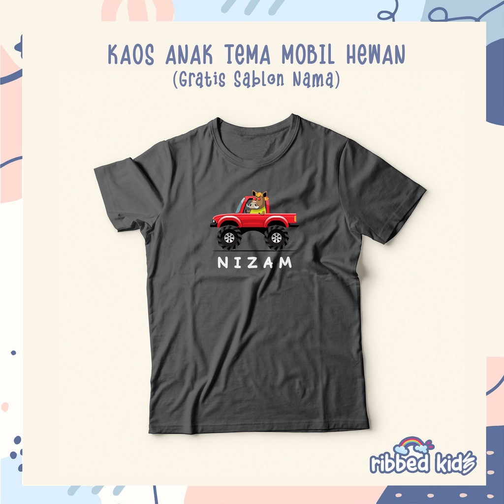 GRATIS SABLON NAMA | KAOS ANAK LAKI-LAKI DAN PEREMPUAN TEMA MOBIL HEWAN USIA 1-13 TAHUN by Ribbedkids