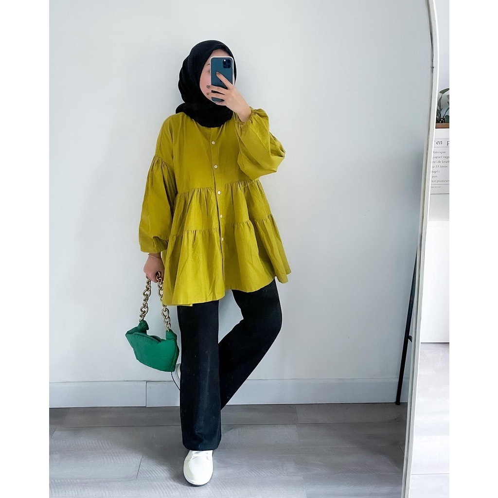 Kyana Blouse Basic Kemeja Katun Linen Oversize Atasan Shirt Wanita Lengan Panjang