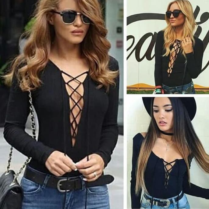 promo atasan wanita pakaian wanita blouse strecth sexy v neck kaos korean terbaru