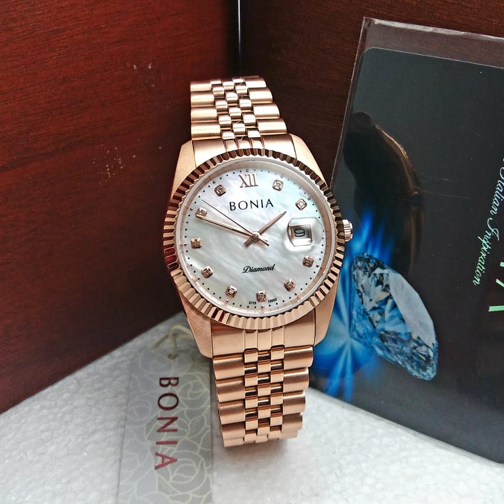 Bonia BNB10552-1553  Rosegold Jam Tangan Pria  Diamond Original