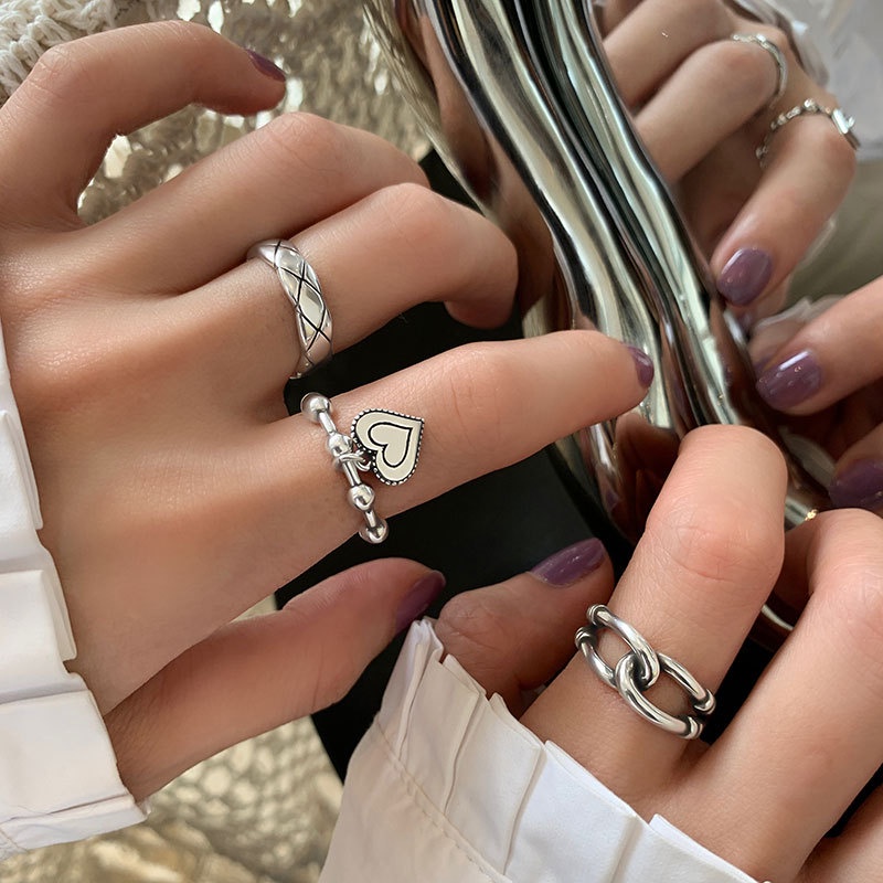 YEEZII Set Cincin Model Terbuka Desain Hati Bambu Gaya Vintage Warna Silver Untuk Wanita