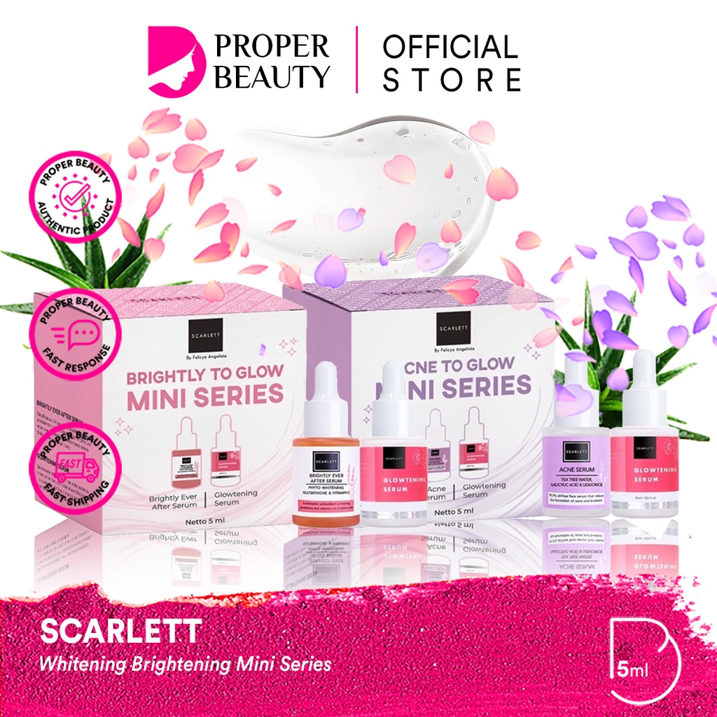 SCARLETT Whitening Mini Series Indonesia / Facial Wash Essence Toner Serum Ampoule Day Night Cream Clay Mask Masker Gel Sunscreen Body Shower Scrub Lotion Shampoo Conditioner / Brightly Ever After Acne Mugwort Hydrating Paket Full Set Pelembab To Glow Oil