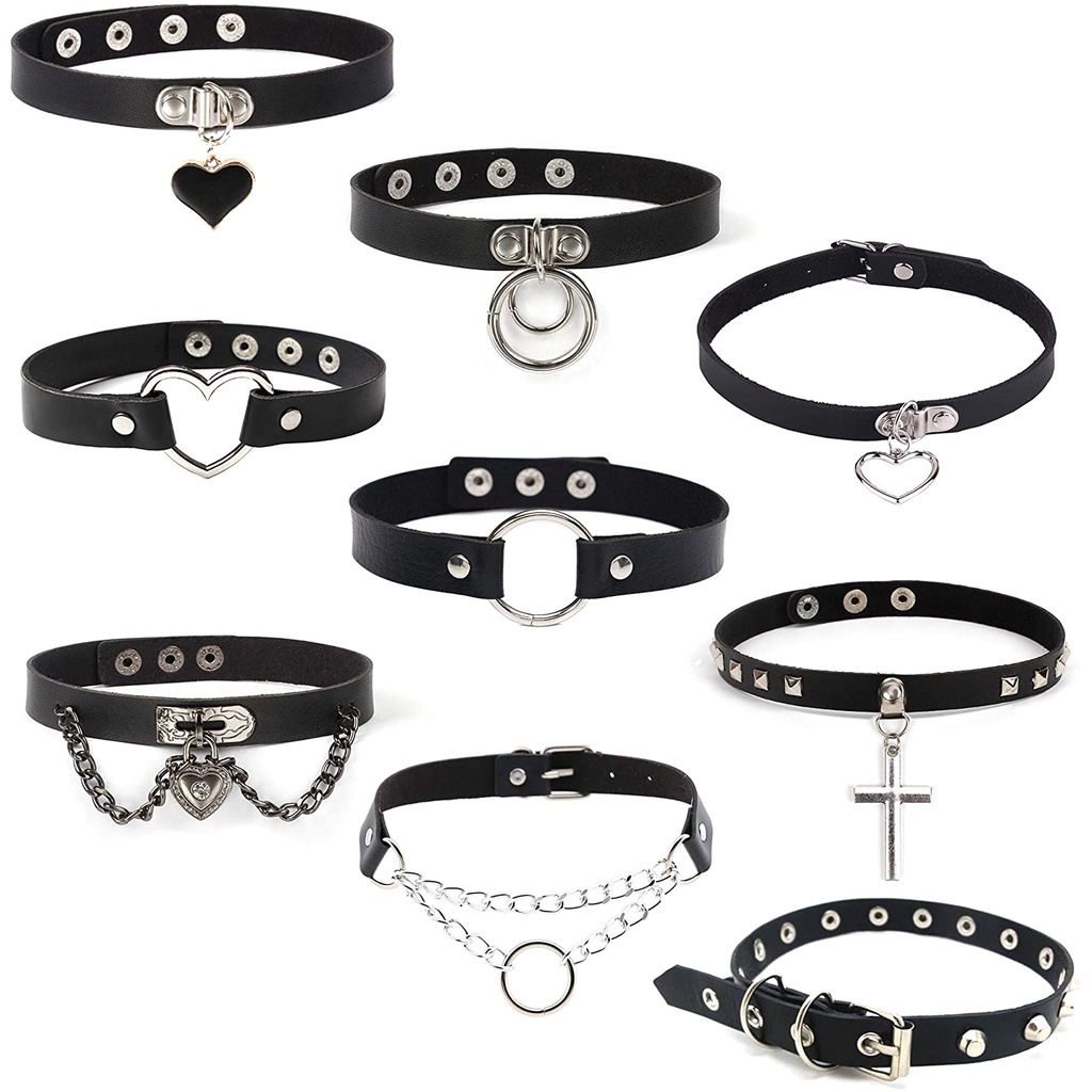 Kalung Choker Bahan Kulit Warna Hitam Gaya Gothic Rock Kpop Punk Untuk Wanita