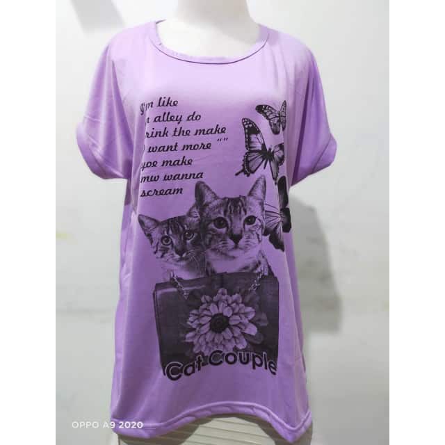 Kaos Jumbo motif CAT COUPLE/oblong Wanita lengan manset