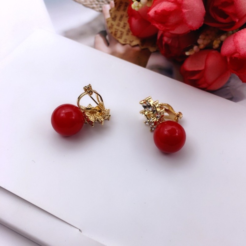 Anting Klip Tanpa Tindik Hias Mutiara Imitasi Warna Merahputih Untuk Wanita