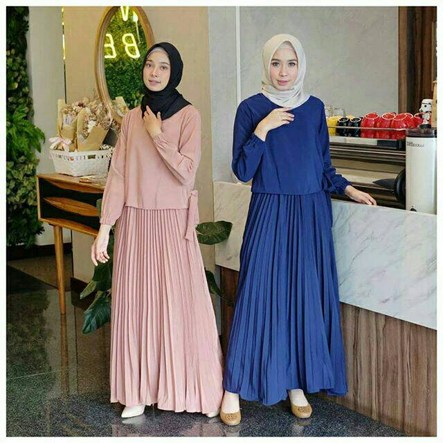 Amora Plisket Dress long maxy premium import bagus wanita baju lebaran polos