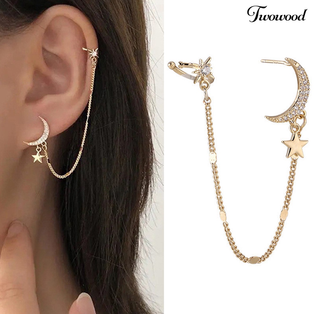 1 Pc Anting Stud Bentuk Bulan Aksen Berlian Imitasi Untuk Wanita