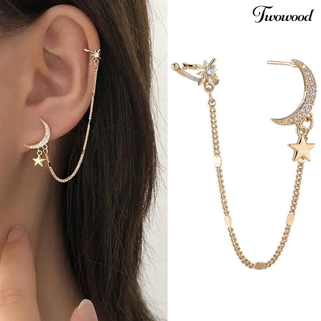 1 Pc Anting Stud Bentuk Bulan Aksen Berlian Imitasi Untuk Wanita