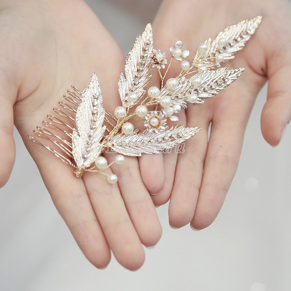 Fashion Pearl Leaf Bridal Comb Wedding Party Golden Accessories European and American Headdress Original Handmade Comb