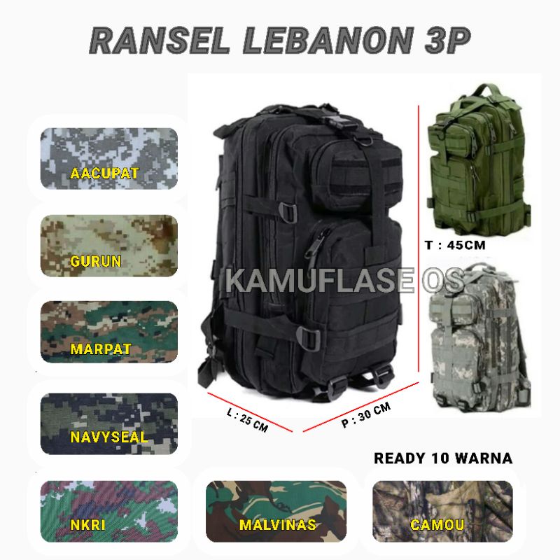 TAS RANSEL ARMY TACTICAL 3P LEBANON GENDONG BACKPACK HITAM ACCUPAT CAMO GURUN DLL~ LEBANON SEDANG