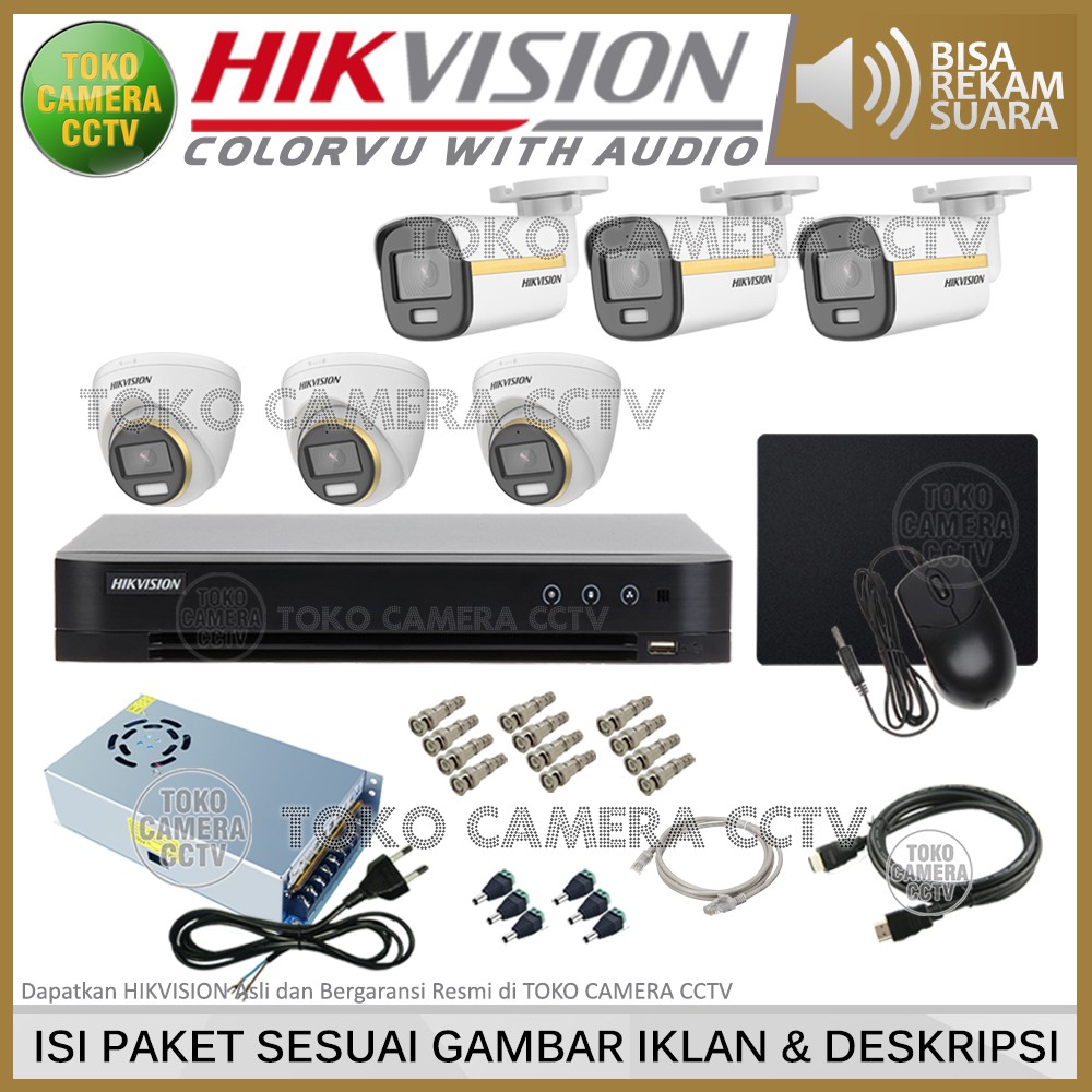 PAKET CCTV HIKVISION COLORVU AUDIO 2MP 8 CHANNEL 6 KAMERA