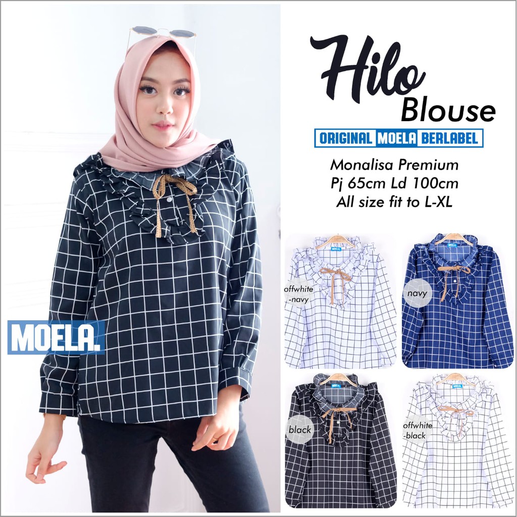 realpict HILO ORI MOELA blouse wanita lengan panjang fashion kekinian motif kotak gaya trendy hits