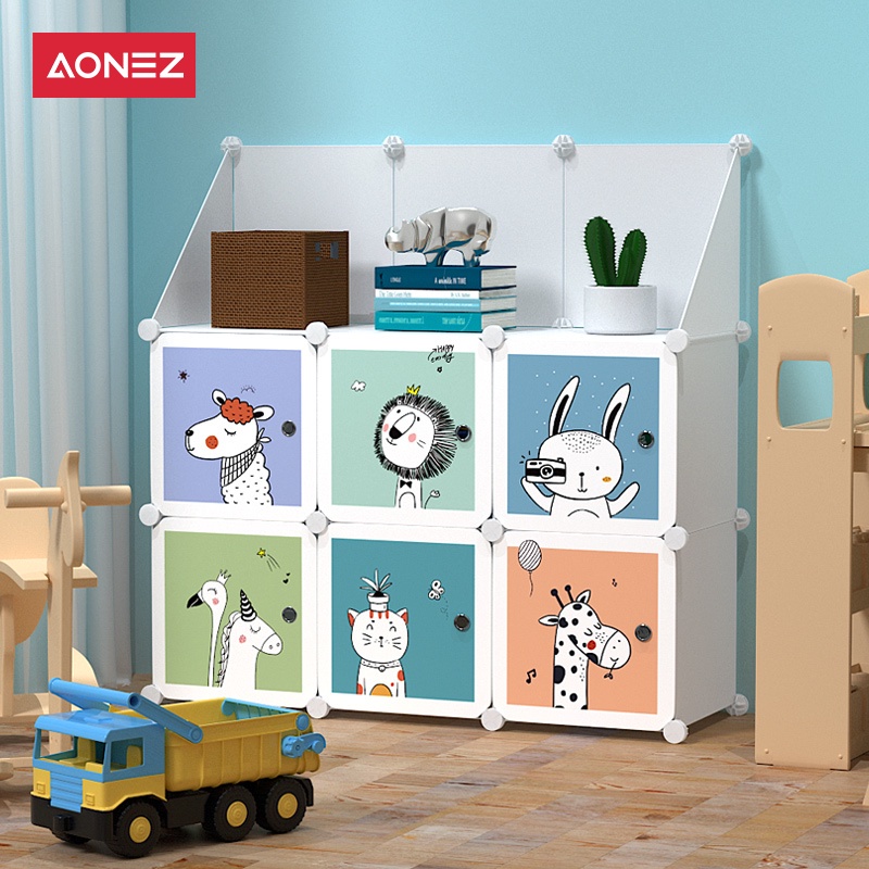 【COD】AONEZ Outlets lemari pakaian anak wardrobe 6 muka 6 slot Dengan pagar plastik gambar kartun
