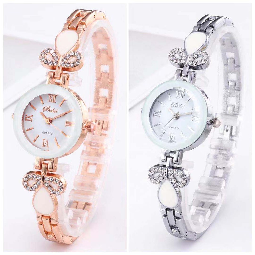 Jam Tangan Quartz Analog Model Gelang Aksen Berlian Imitasi Mewah Untuk Wanita