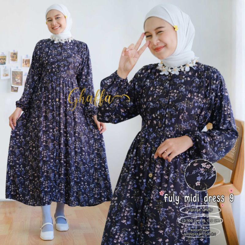 FULY MIDI DRESS BY GHAFFA THE LABEL / MIDI WANITA MUSLIMAH / motif bunga rayon viscose uniqlo