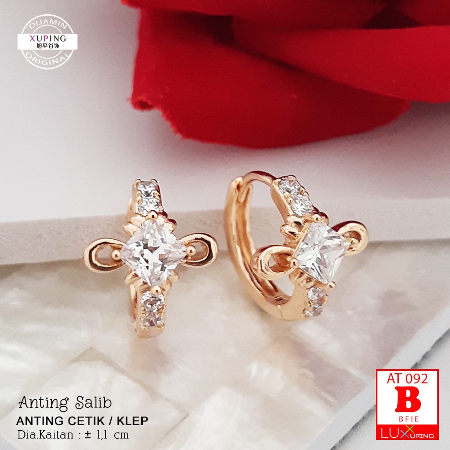 AT 092 Anting Xuping Ori Premium Quality Anting Salib Perhiasan Rohani Kristen Katolik Permata Kristal Sirkon Giwang Salib Tanpa Kospus Tubuh Yesus Luxx Xuping