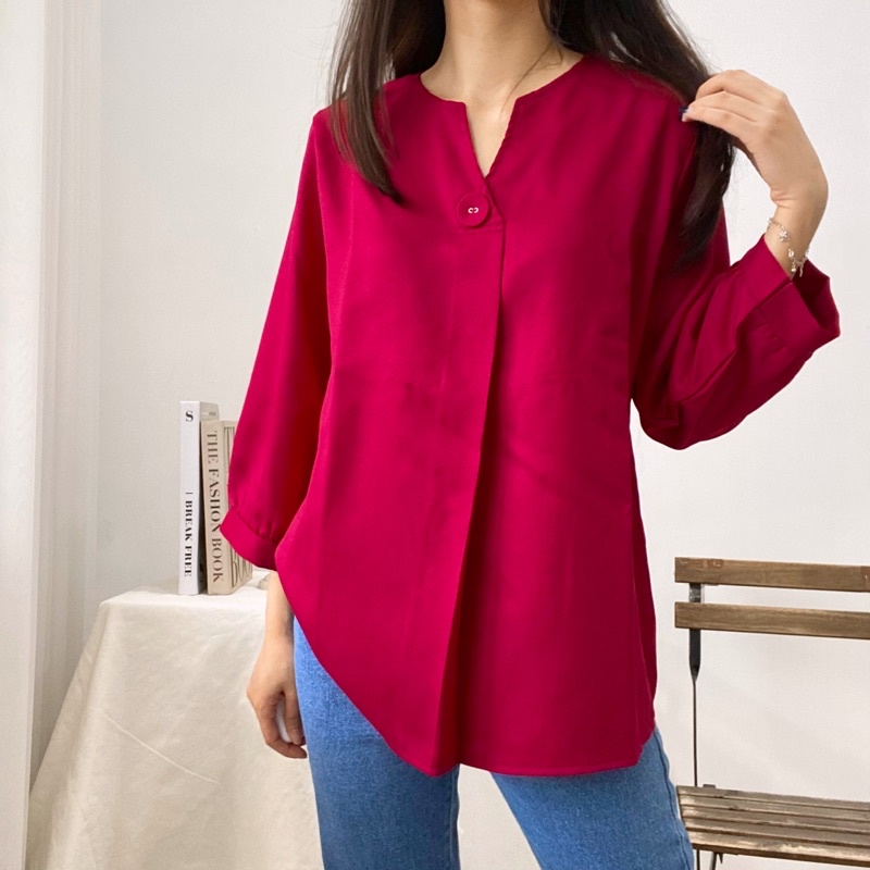 ALMI V-Neck Blouse One Button Formal Daily Baju Kantor 0371