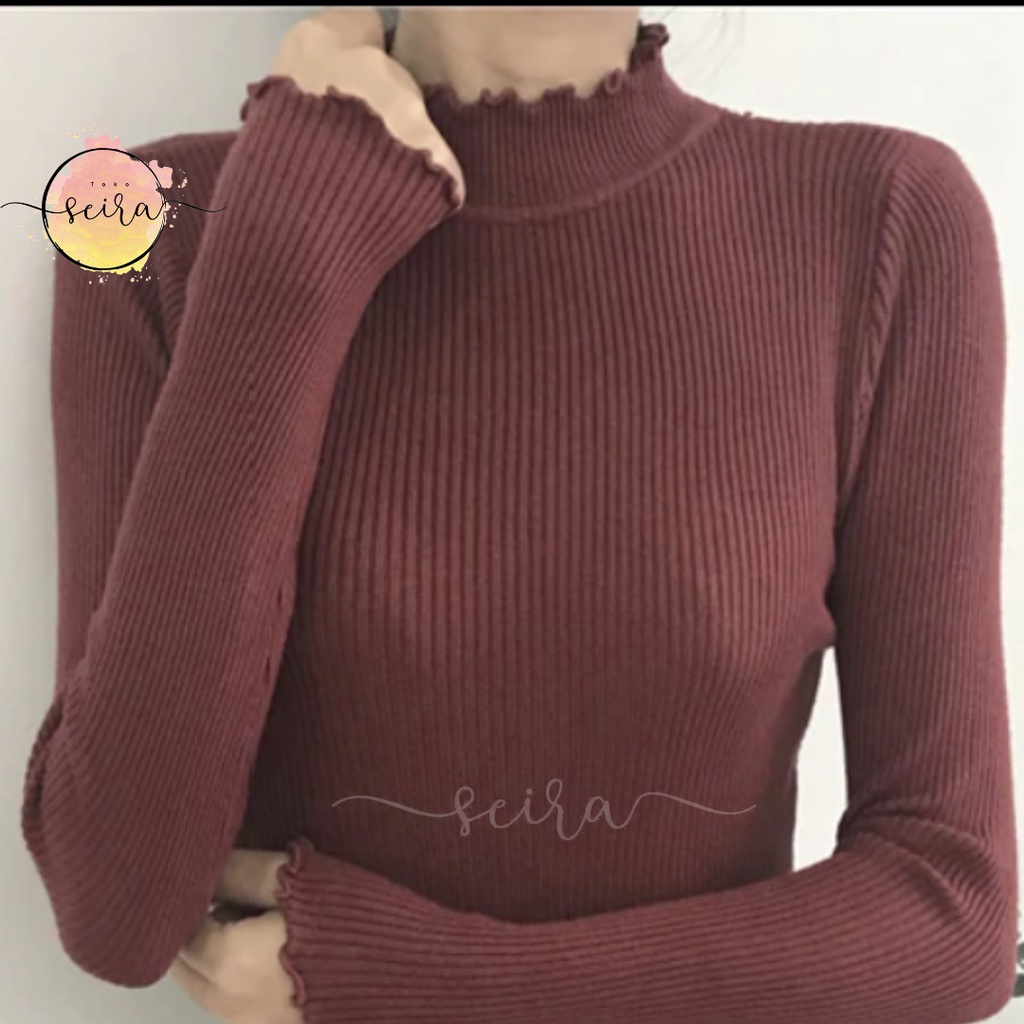 [BISA COD] Daisy Curly Turtleneck / Atasan Turtleneck Kriwil Lengan Panjang / Sweater Rajut Cewek Strech Body Fit / Sweater Kriwil / Turtle Neck Kriwil / Turtleneck Buntung Kriwil