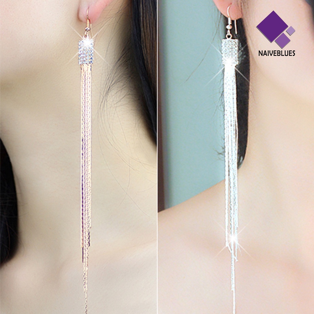 Naiveblue 1 Pasang Anting Gantung Panjang Kait Motif Persegi + Rumbai + Berlian Imitasi Untuk Wanita