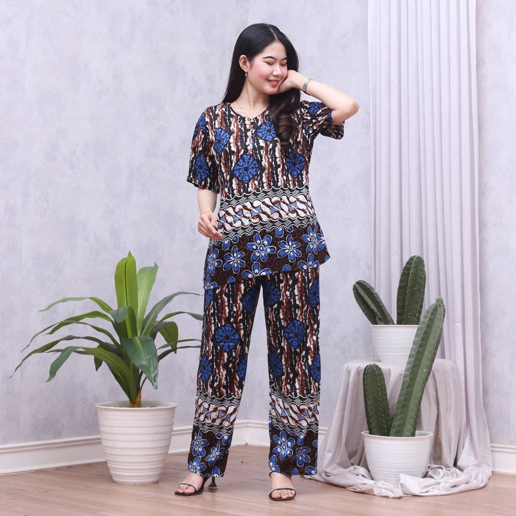Batik Prass - Setelan Baju Tidur Busui Lengan Pendek - Piyama Batik Terbaru - Baju Santai-GLORY BIRU