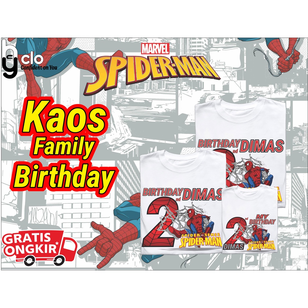 BAJU KAOS COUPLE KELUARGA |KAOS CUSTOM FAMILY CUSTOM ULANG TAHUN TEMA SPIDERMAN BISA REQUEST TULISAN