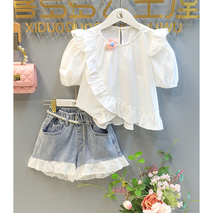 babyfit OCCHY setelan kemeja dengan celana hotpants jeans set scrunchy tali pinggang belt mutiara import al-0208r