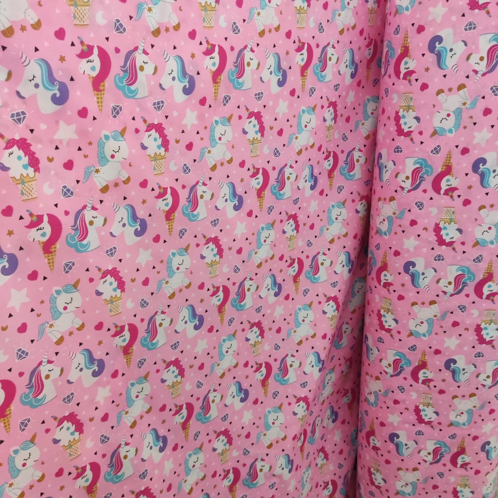 KAINKU - Kain Meteran Katun Lokal CVC motif anak pony pink (harga 1 meter)