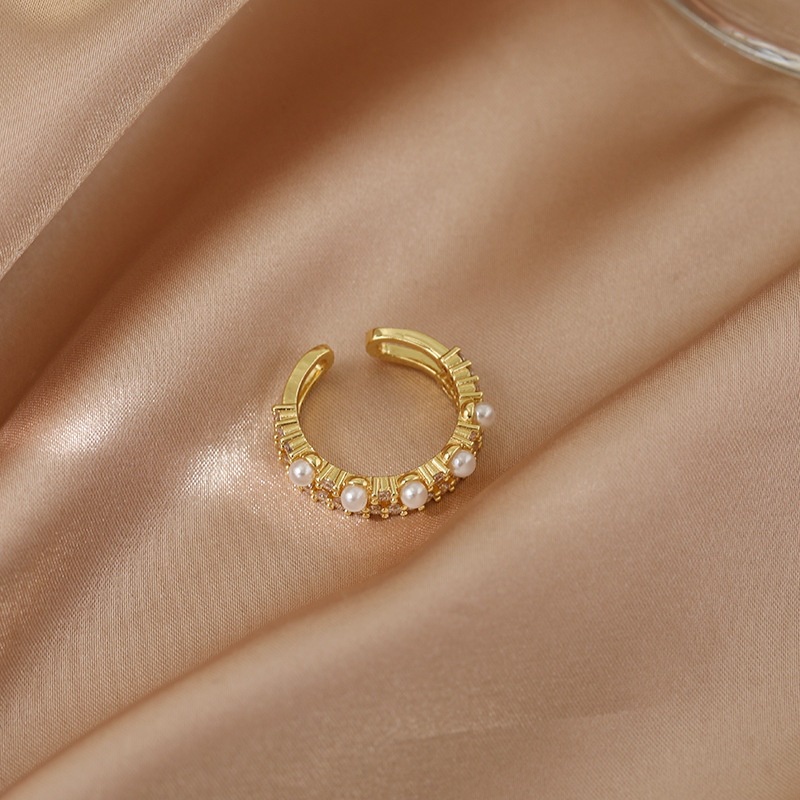 Cincin Model Terbuka Aksen Mutiara Dan Berlian Gaya Korea