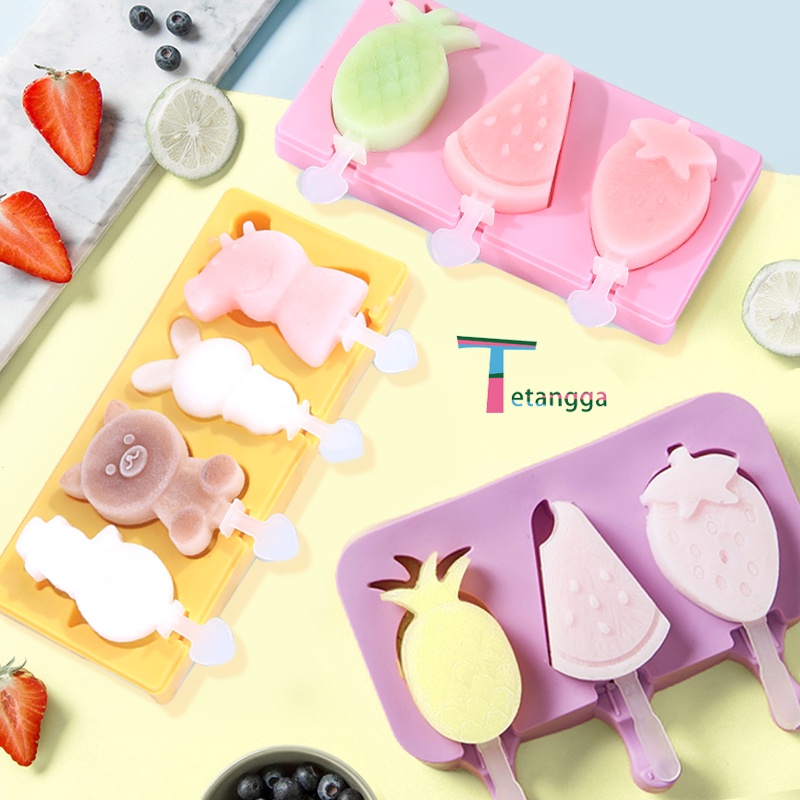 Cetakan Es Krim Pudding Silikon 4 Slot / Es Loli DIY Lucu Unik Bunga Love Kaki Penutup 3 Kotak Ice Cube Tray Cetakan Es Batu Ice