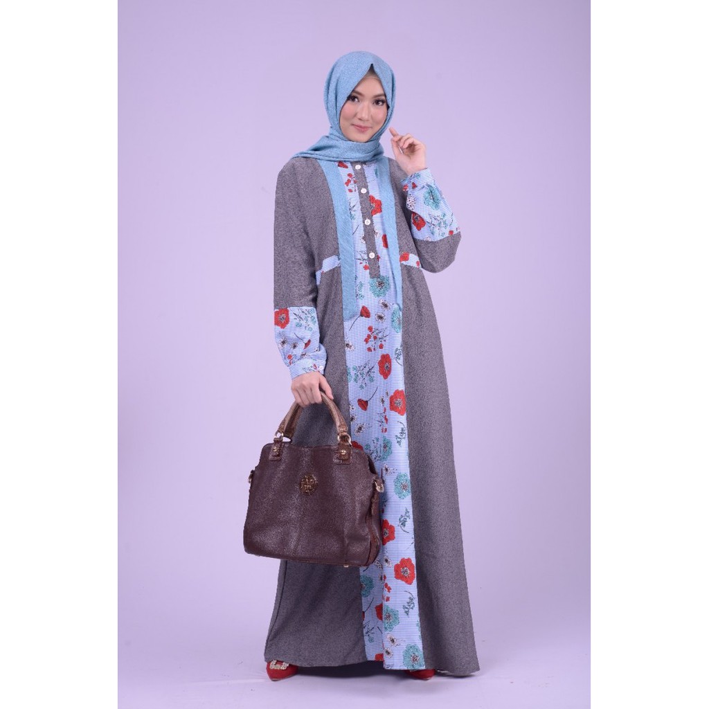 Gamis syari motif bunga abu-abu kombinasi biru muda  lengan kerucut NL 03