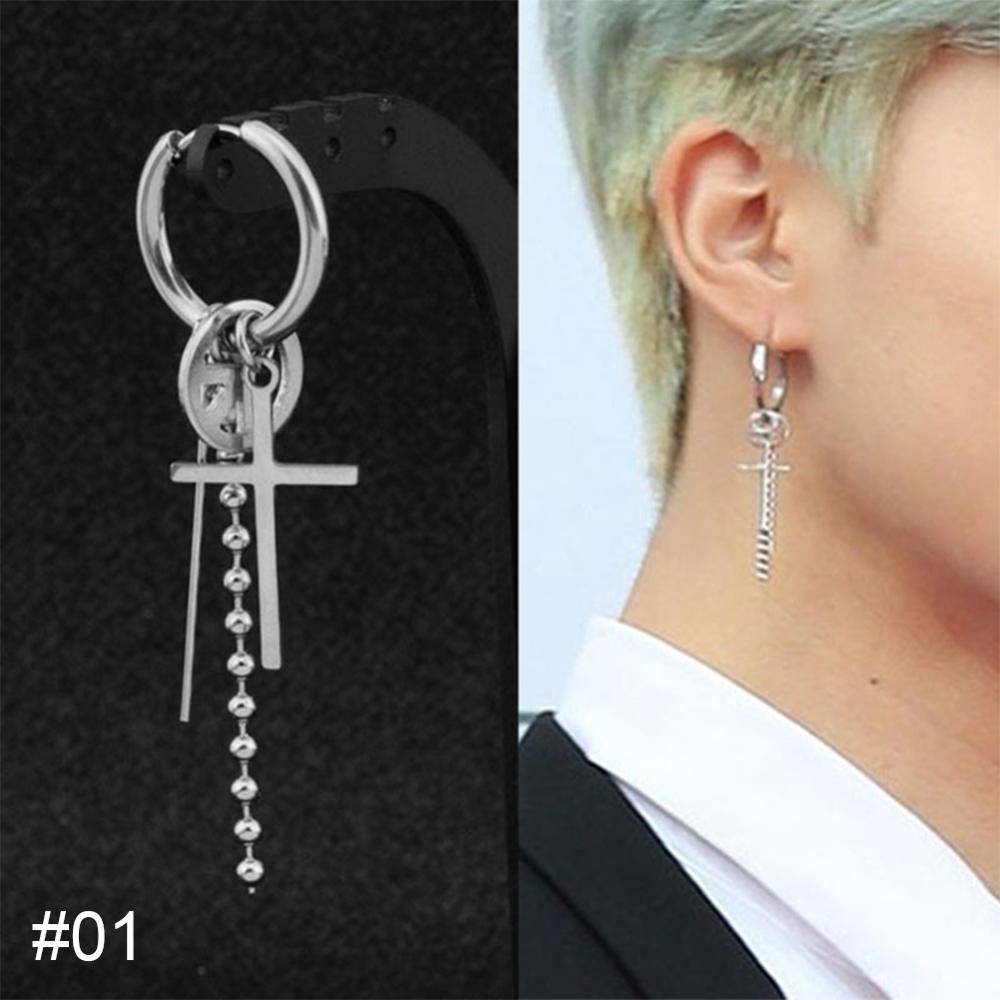 Timekey Anting Tusuk Rantai Panjang Desain Geometri Simple Bahan Baja Untuk Pria M5N5