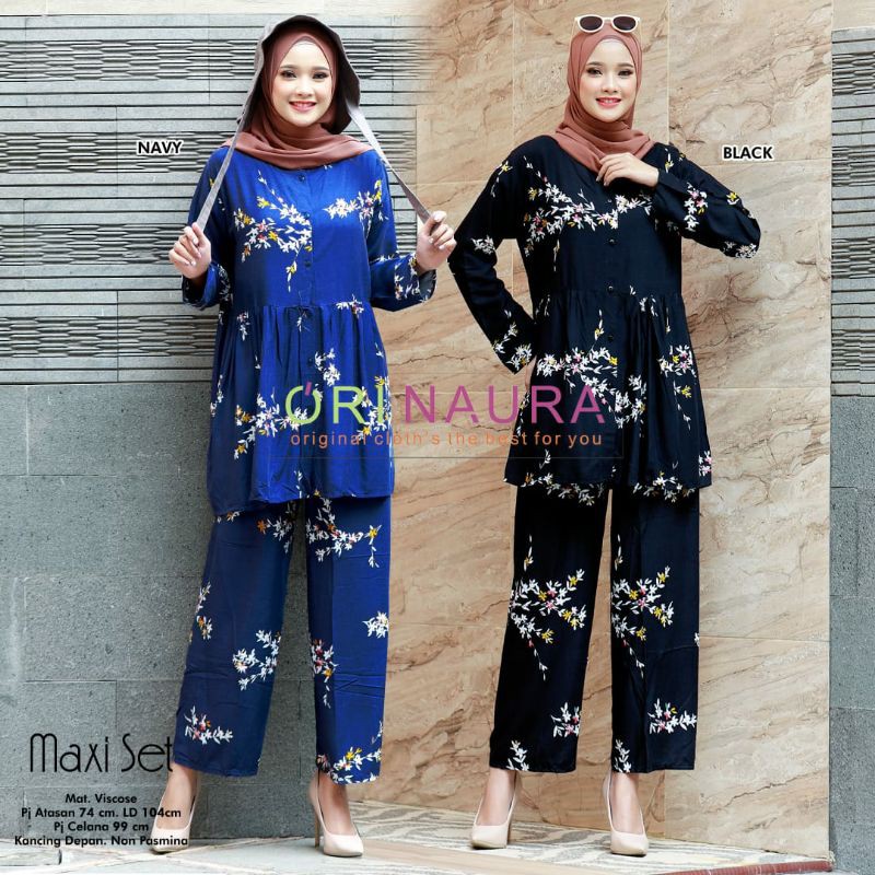maxi set one set setcel setelan wanita bahan viscose adem ny ori naura