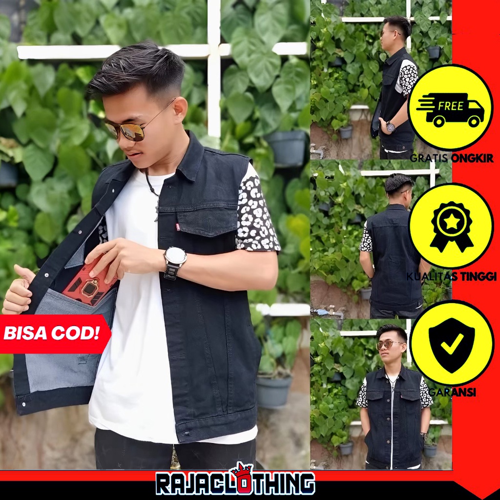 RCL - Rompi Jeans Pria - Rompi Jeans Murah - Rompi Cowok Hitam (Unisex/Pria-Wanita) M, L, XL, 2XL, 3XL, 4XL / Rompi Jeans Black Denim Pria Jumbo Big Size Hitam Polos Cowok Metal Oversize Premium Quality